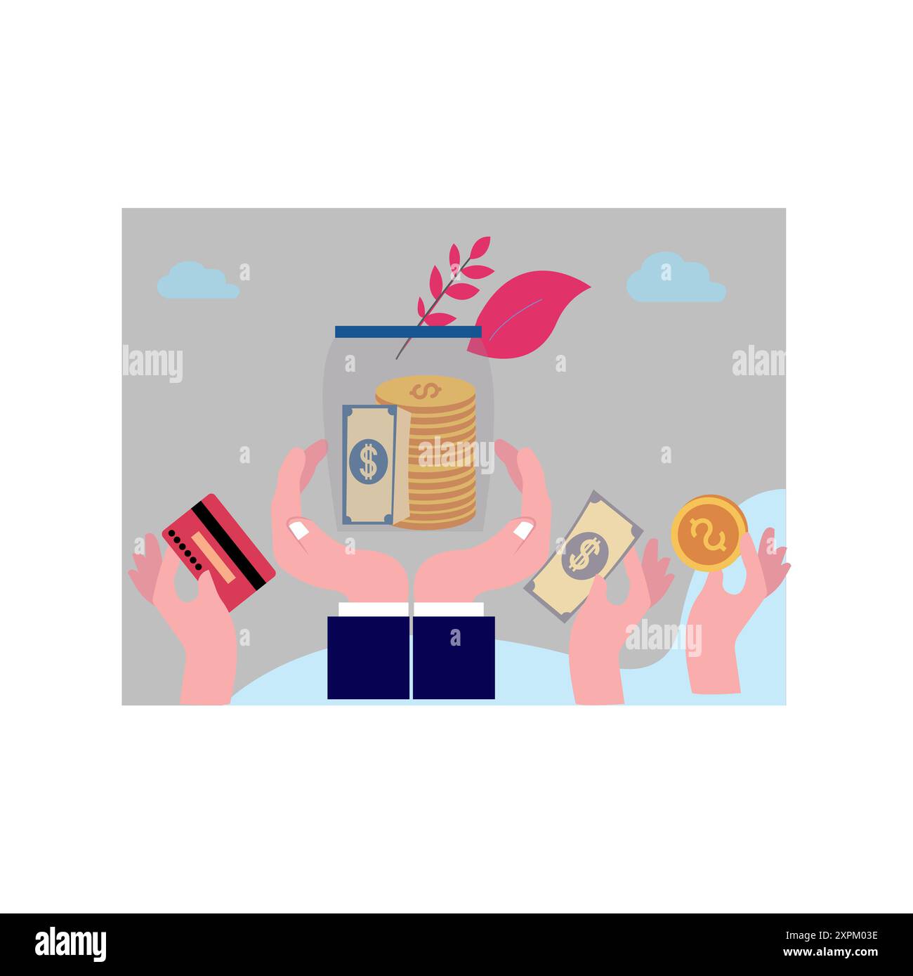 Un garçon tient un pot de don. Banque D'Images