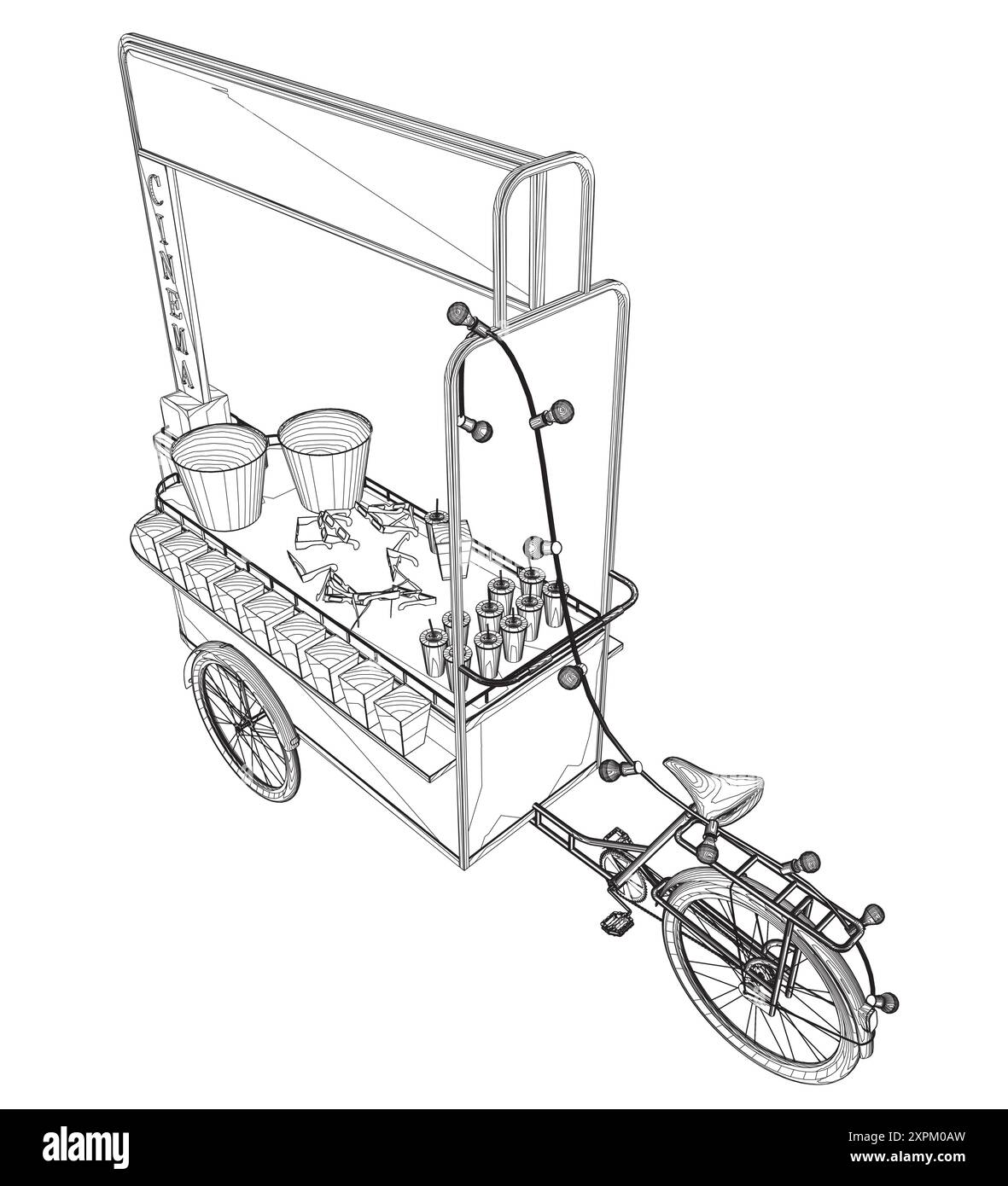 Illustration vectorielle de fabricant de popcorn. Kiosque vintage dans le parc d'attractions. Nourriture de rue. Nourriture de cinéma tricycle. Vue isométrique. 3D. Illustration de Vecteur