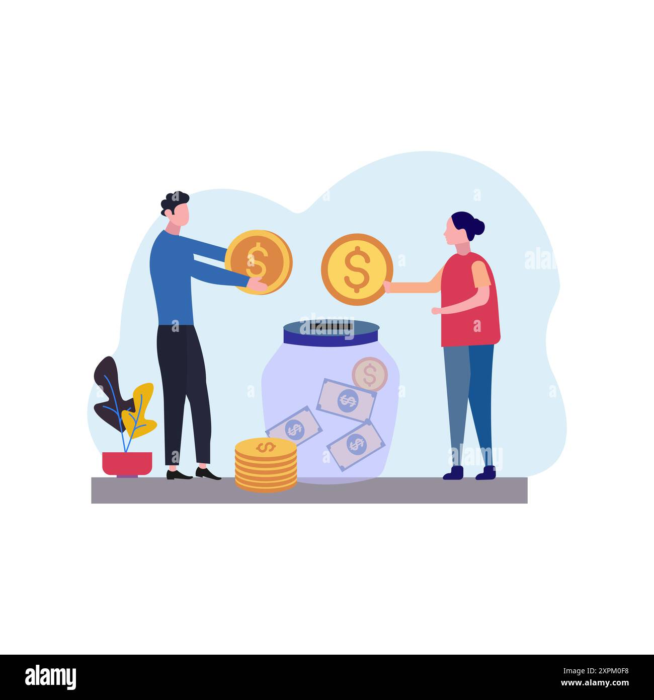 Garçon et fille mettant le don dans le pot. Banque D'Images