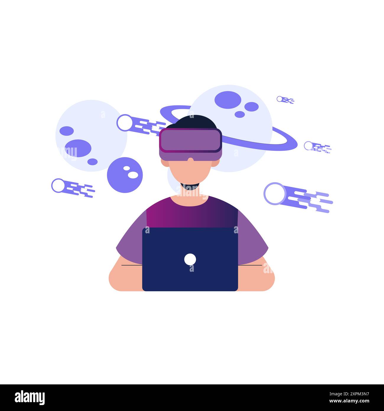 Garçon portant VR à l'aide d'un ordinateur portable. Banque D'Images