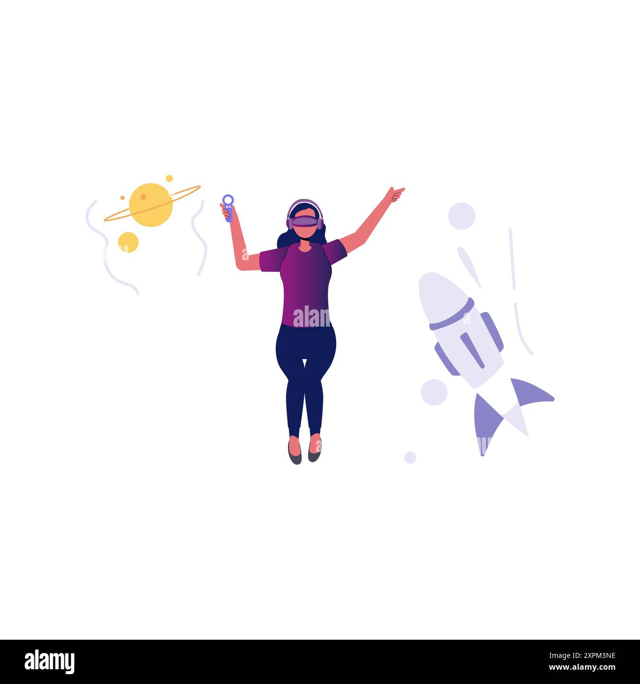Fille jouant à un jeu spatial portant VR. Banque D'Images