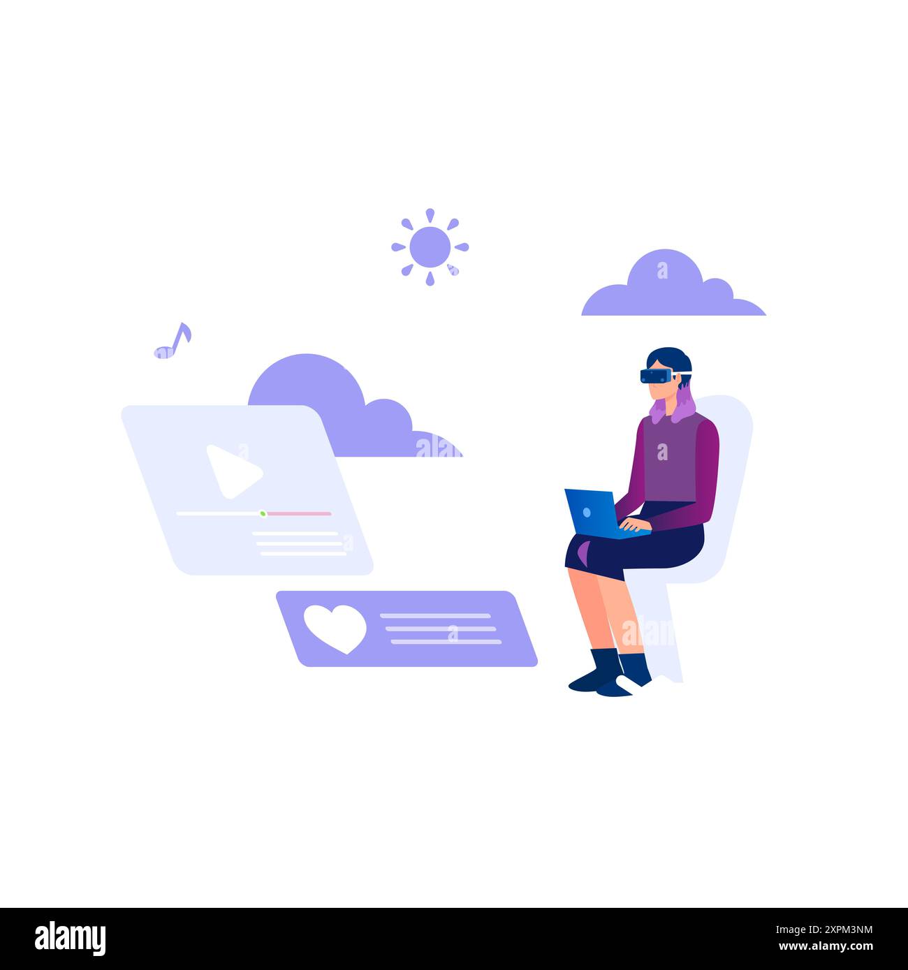 Fille portant VR travaillant sur ordinateur portable. Banque D'Images