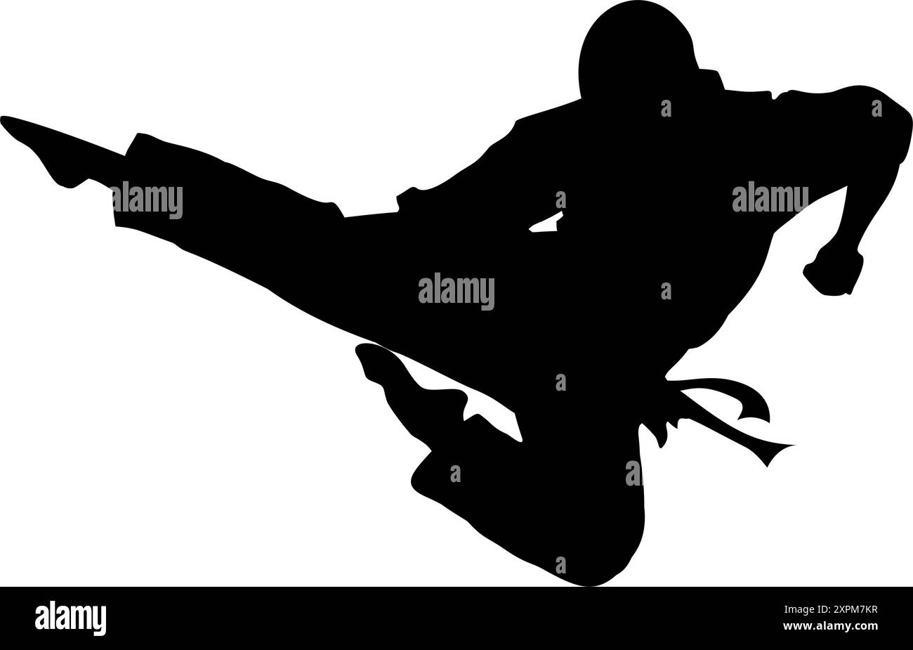 Silhouette d'un athlète de taekwondo exécutant le coup de pied Twieo AP Chagi ou le coup de pied volant sur un fond blanc Illustration de Vecteur