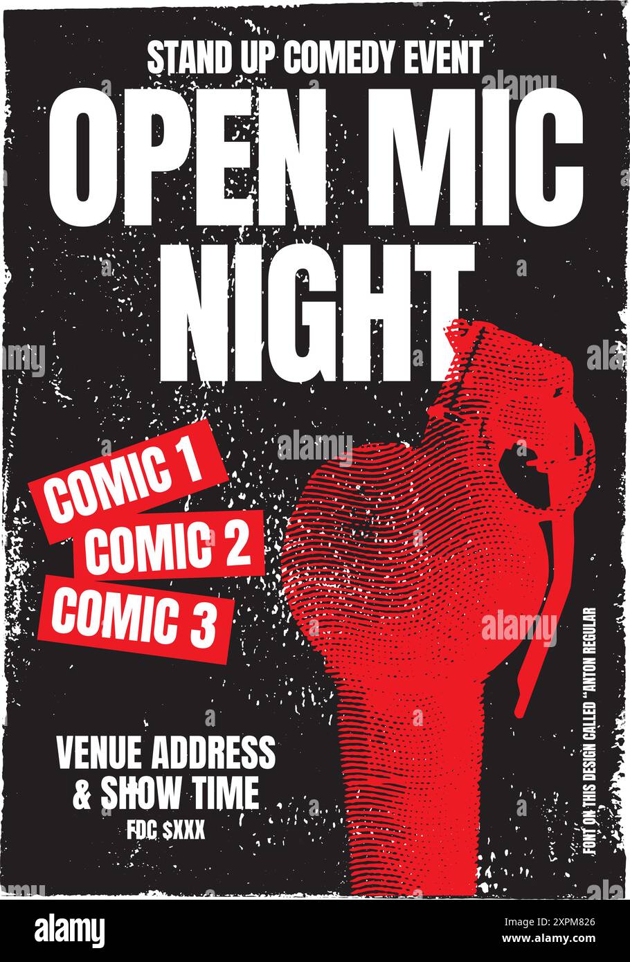 Modèle de dépliant ou d'affiche de nuit à micro ouvert. Affiche de spectacle comique debout. Dessin d'œuvres d'art rétro microphone, soirée karaoké, spectacle de club de comédie Illustration de Vecteur