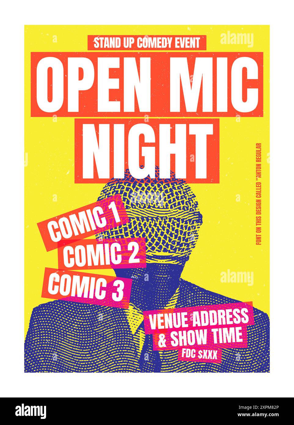 Modèle de dépliant ou d'affiche de nuit à micro ouvert. Affiche de spectacle comique debout. Dessin d'œuvres d'art rétro microphone, soirée karaoké, spectacle de club de comédie Illustration de Vecteur