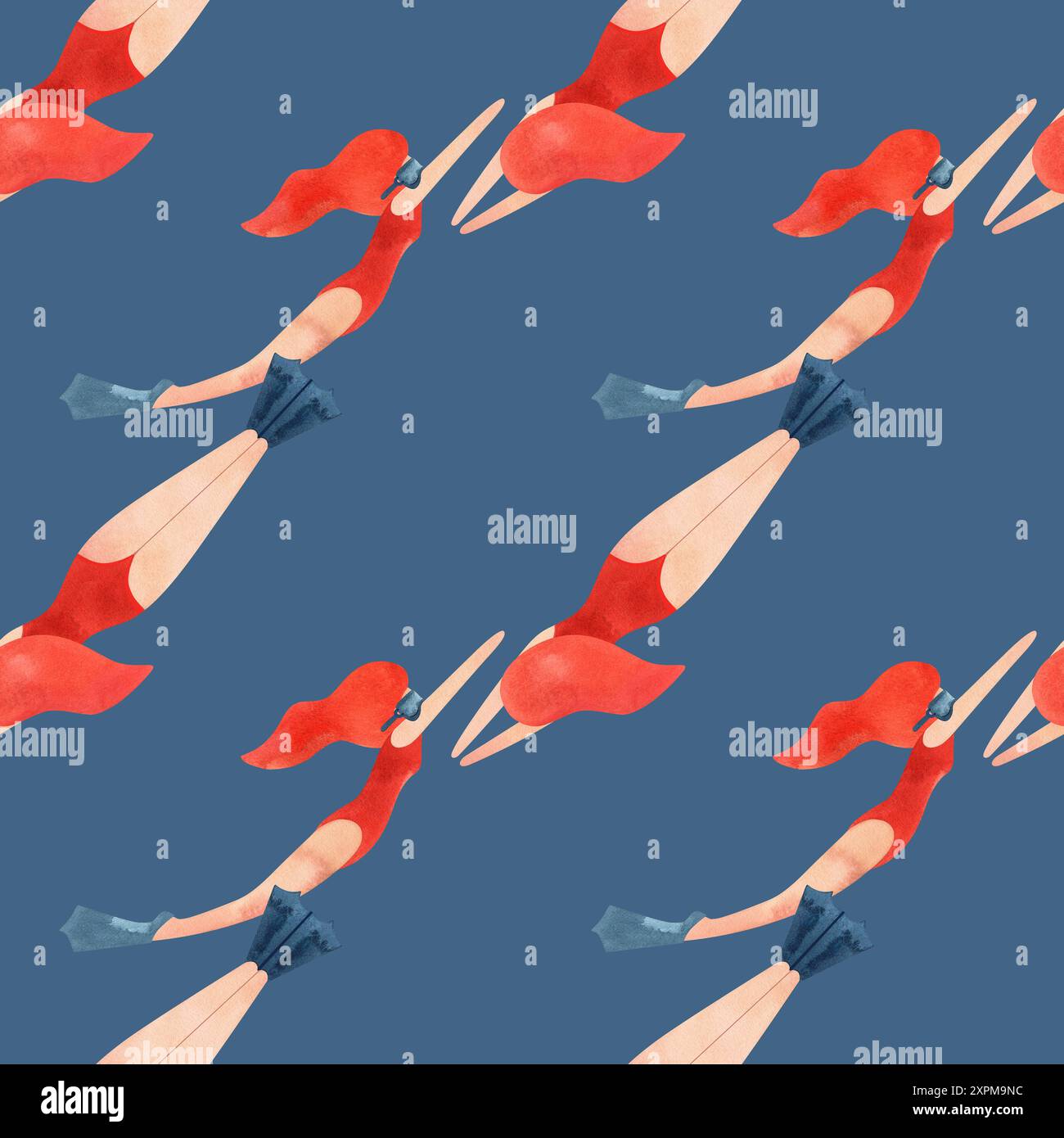Motif sans couture avec des femmes flottantes dans un style vintage. Natation. Illustration aquarelle sur fond bleu Banque D'Images