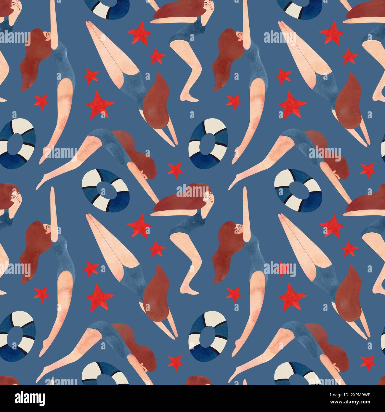 Motif sans couture avec des femmes flottantes dans un style vintage. Natation. Illustration aquarelle sur fond bleu Banque D'Images