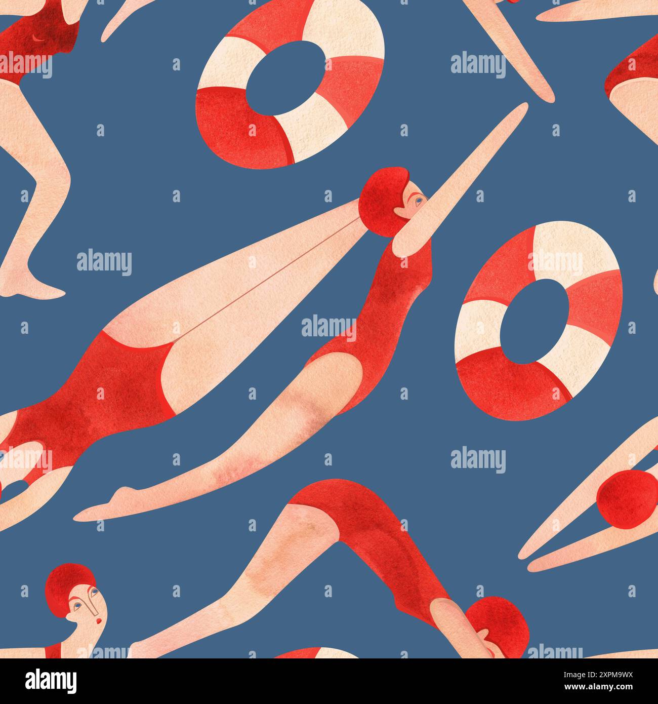 Motif sans couture avec des femmes flottantes dans un style vintage. Natation. Banque D'Images