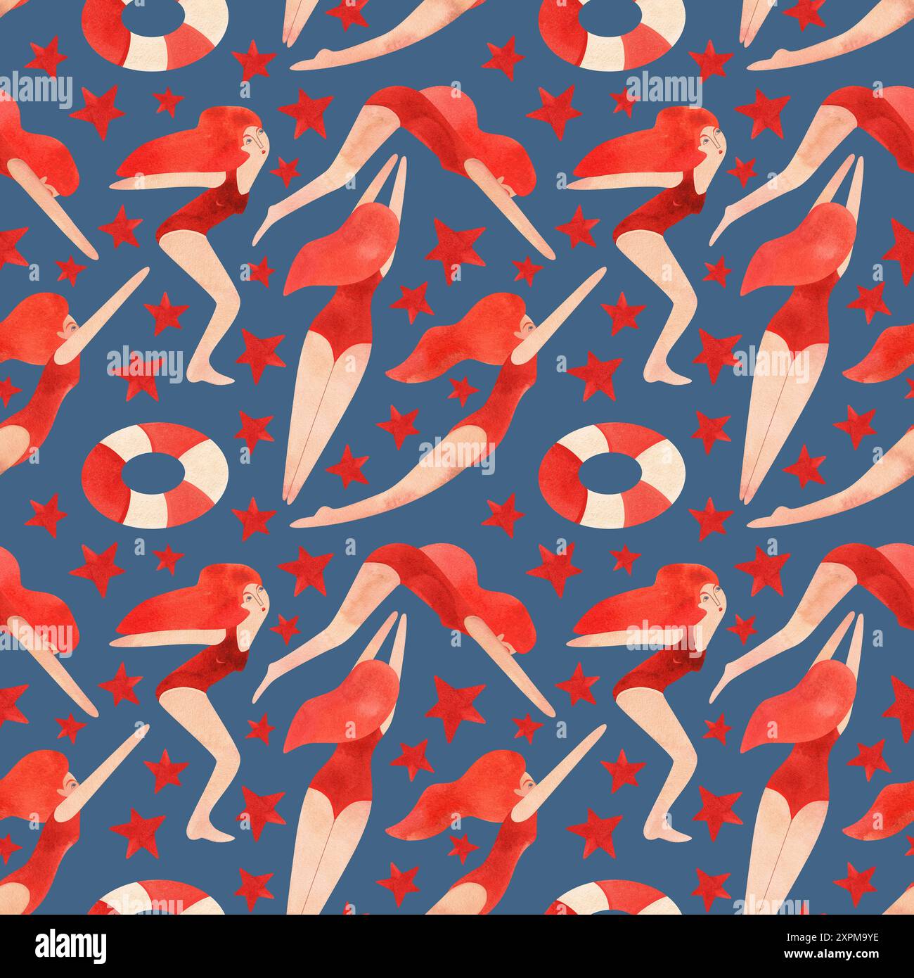 Motif sans couture avec des femmes flottantes dans un style vintage. Natation. Illustration aquarelle sur fond bleu Banque D'Images