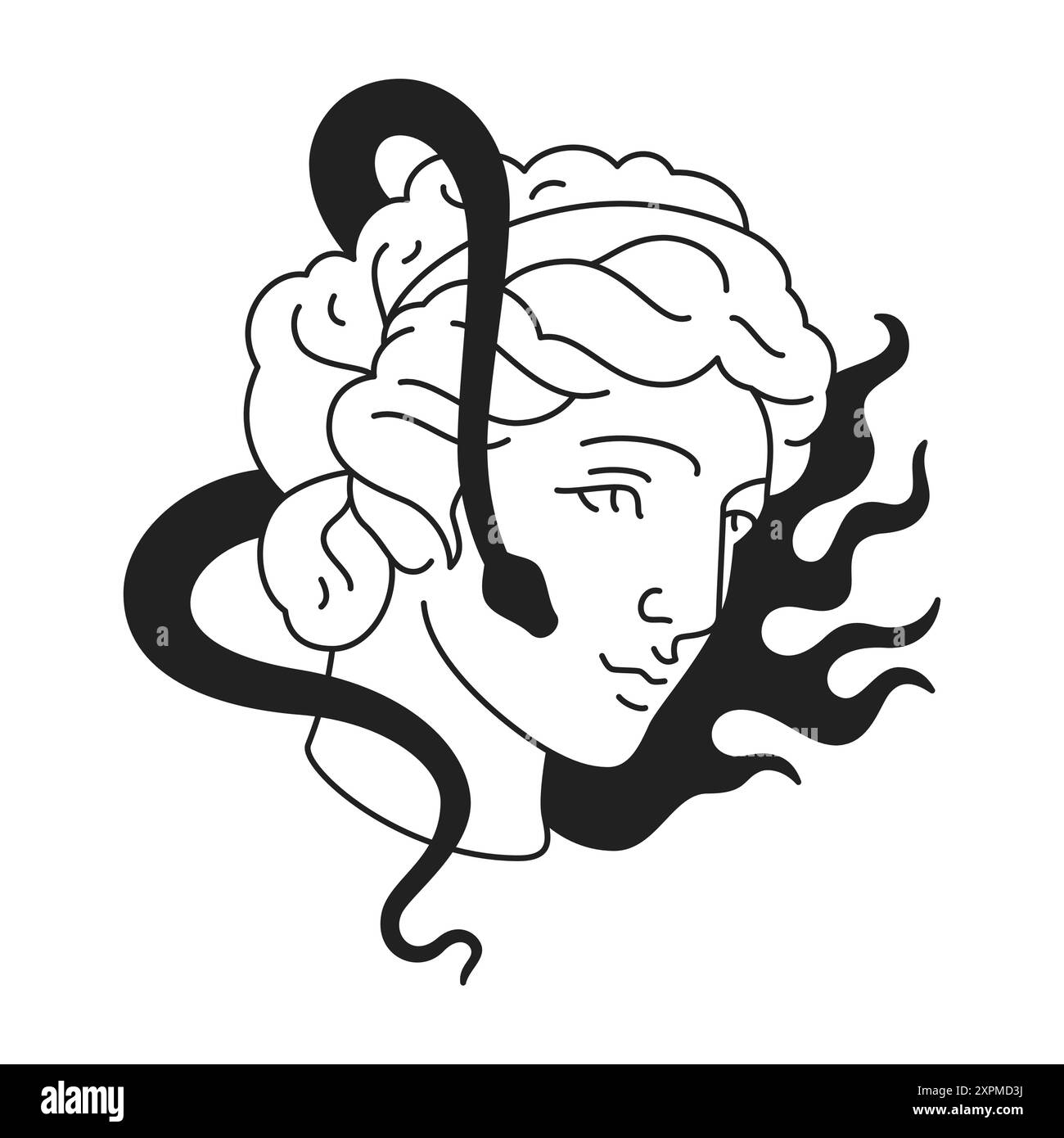 Y2K antique statue de tête de déesse grecque avec illustration plate vectorielle d'icône de contour d'art de tatouage de flamme de serpent. Ancienne femme visage monument avec vipère brûlure f Illustration de Vecteur Y2K antique statue de tête de déesse grecque avec illustration plate vectorielle d'icône de contour d'art de tatouage de flamme de serpent. Ancienne femme visage monument avec vipère brûlure f Illustration de Vecteur