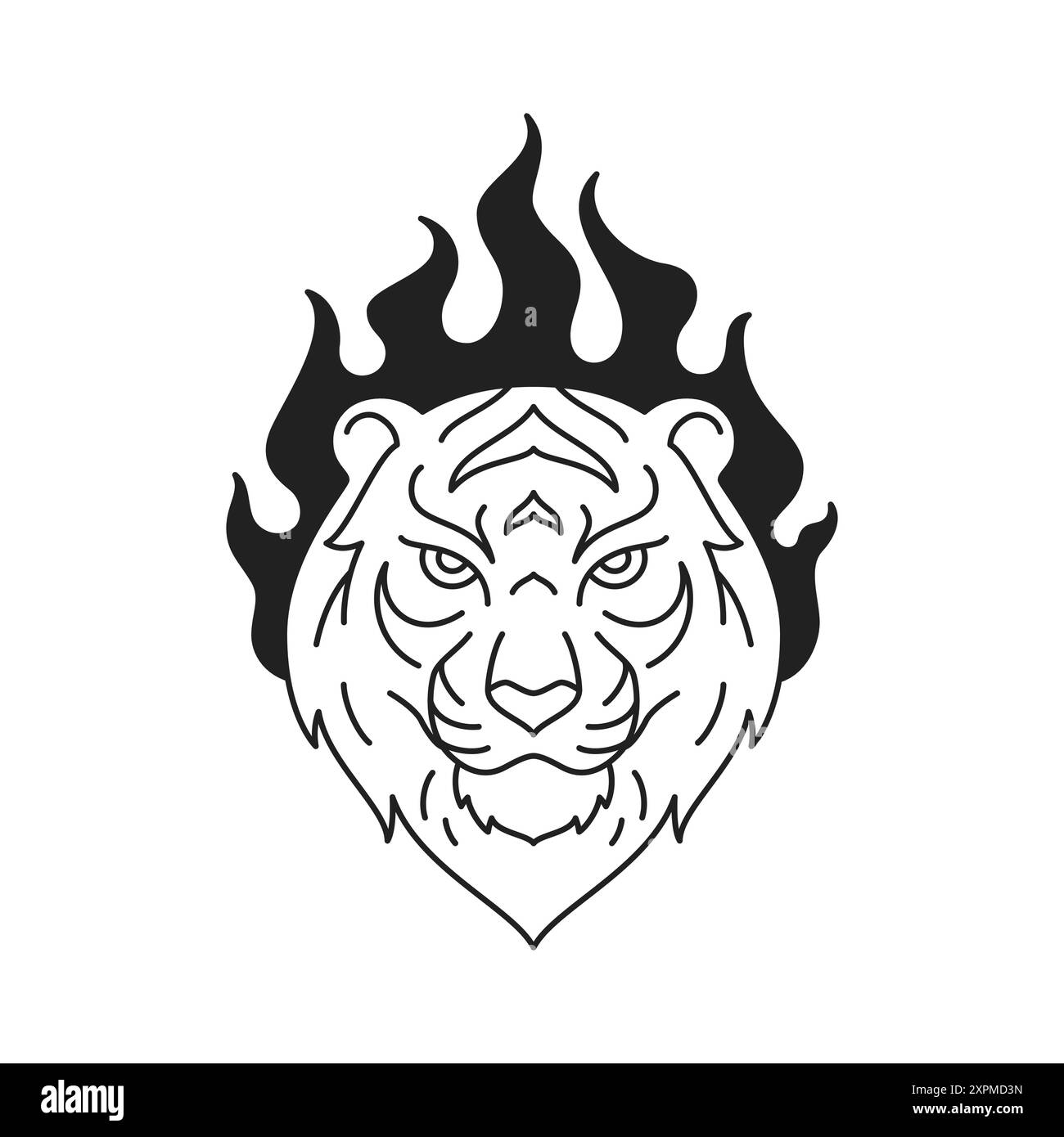 Y2K fort portrait de tigre avec l'illustration plate de vecteur d'icône de contour de tatouage noir de flamme brûlante. Tête de prédateur carnivore sauvage puissant animal félin Illustration de Vecteur