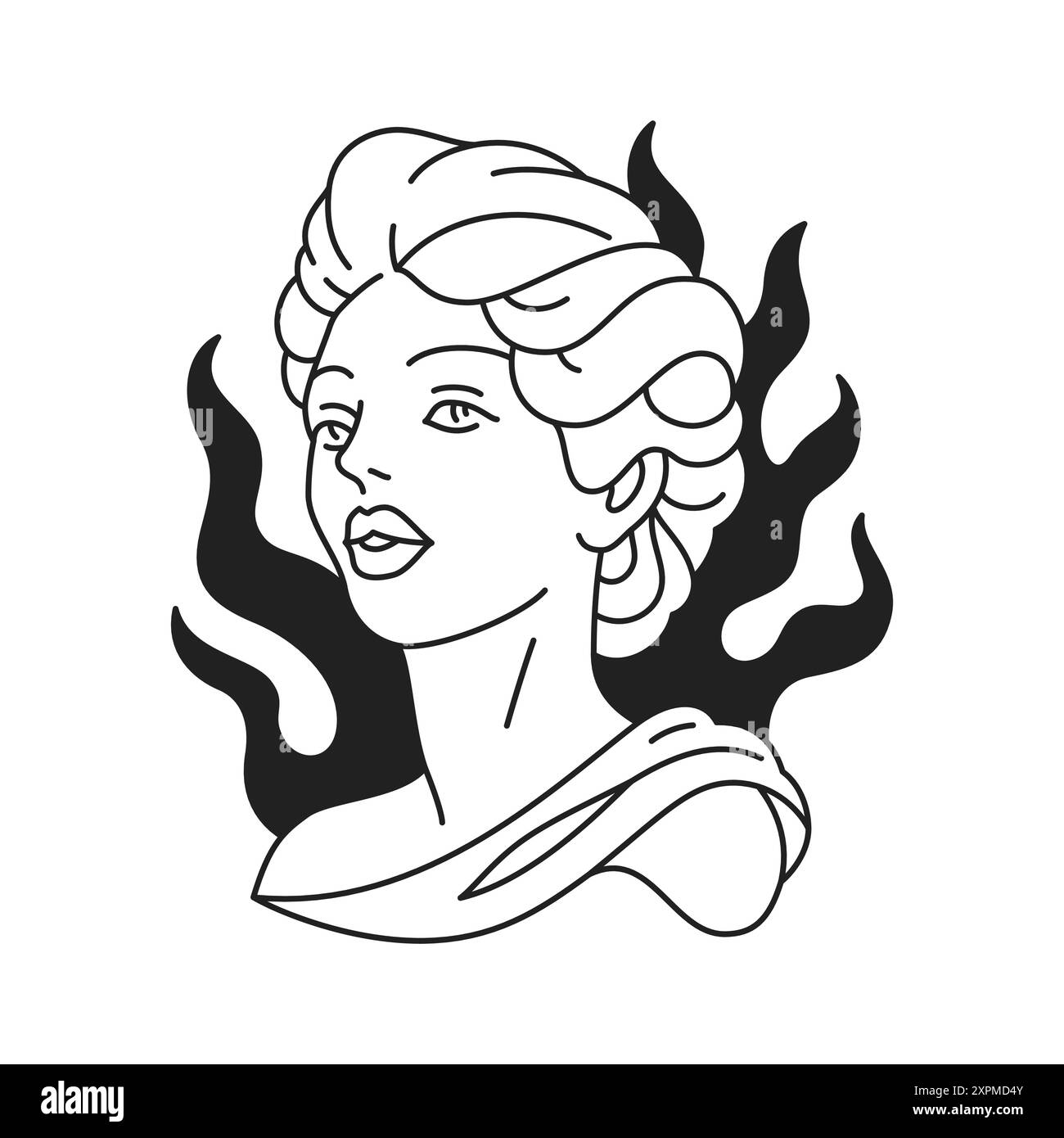 Y2K mode tête de statue de déesse grecque avec Burn Flame Black tatouage contour icône vectorielle plate. Beauté antique visage féminin gypse monument m Illustration de Vecteur