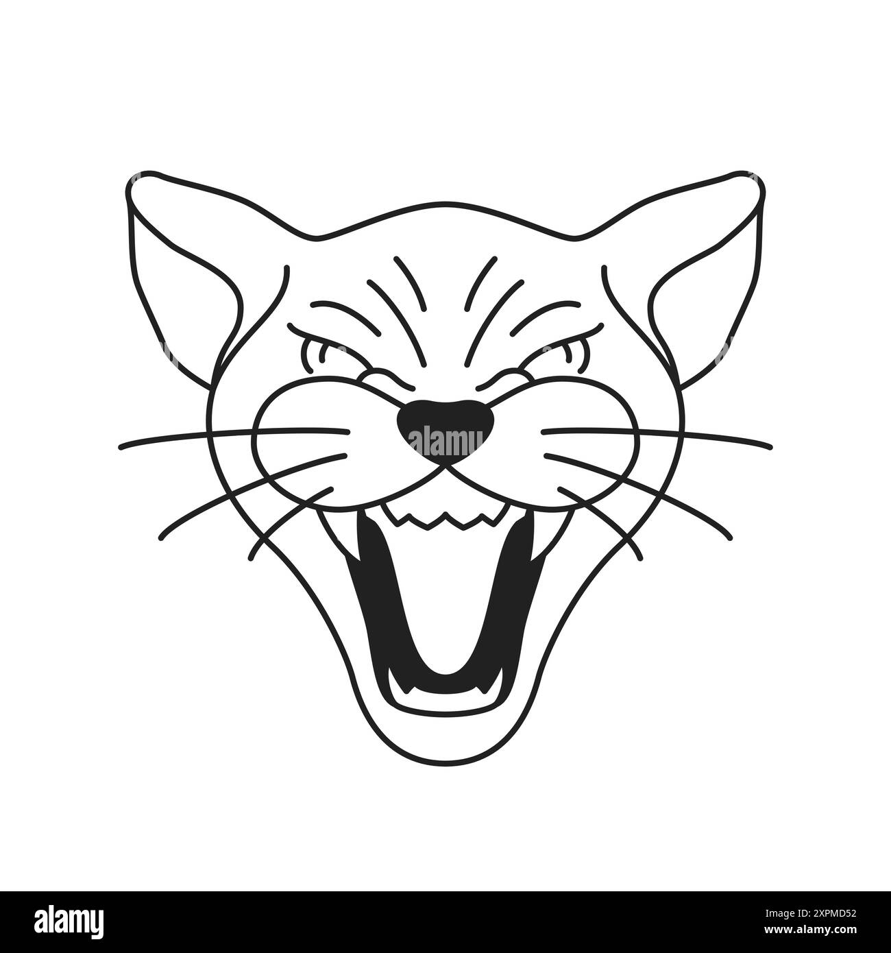 Y2K chat félin rugissant animal sauvage noir de tatouage contour d'icône de vecteur plat illustration. Panthère de chaton puissante agressive hurlant avec Mo ouvert Illustration de Vecteur