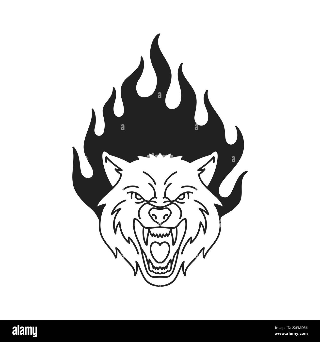 Y2K loup rugissant en colère avec flamme brûlante gothique contour d'icône de tatouage noir illustration plate vectorielle. Animal sauvage puissant coyote agressif canin pré Illustration de Vecteur
