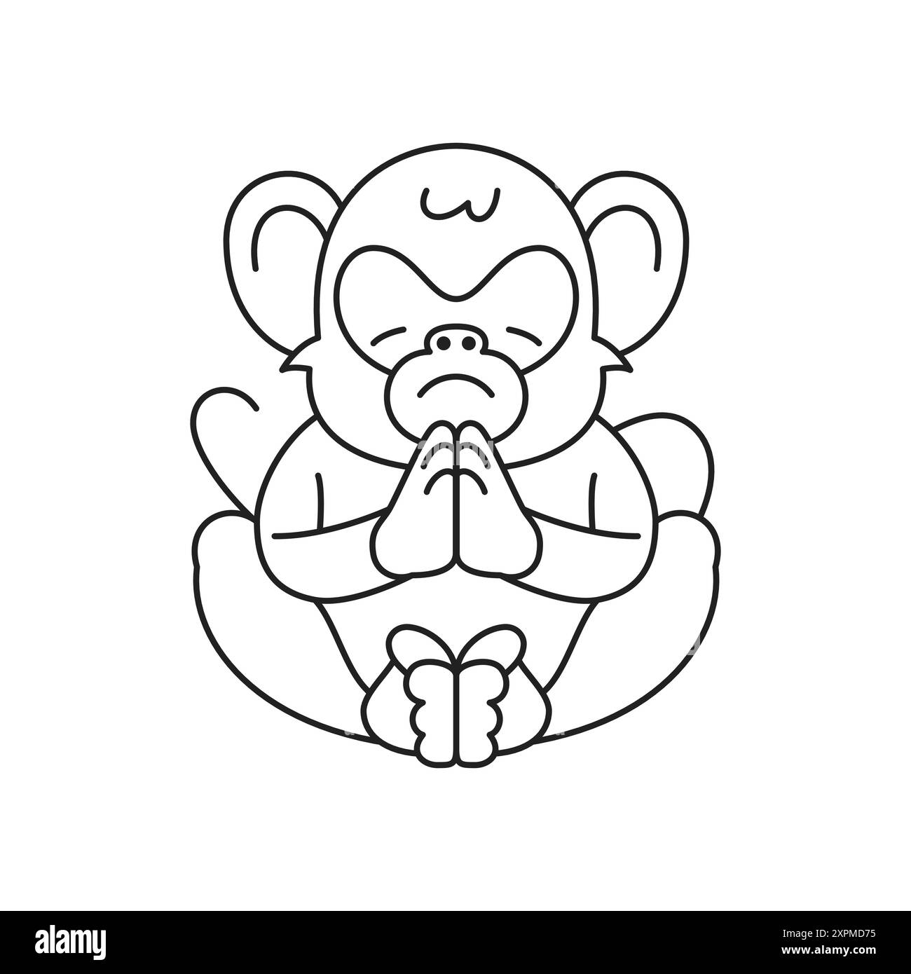 Singe spirituel Y2K en position de prière art contemporain illustration vectorielle d'icône de tatouage de ligne noire. Prière religieuse chimpanzé détendre méditation min Illustration de Vecteur