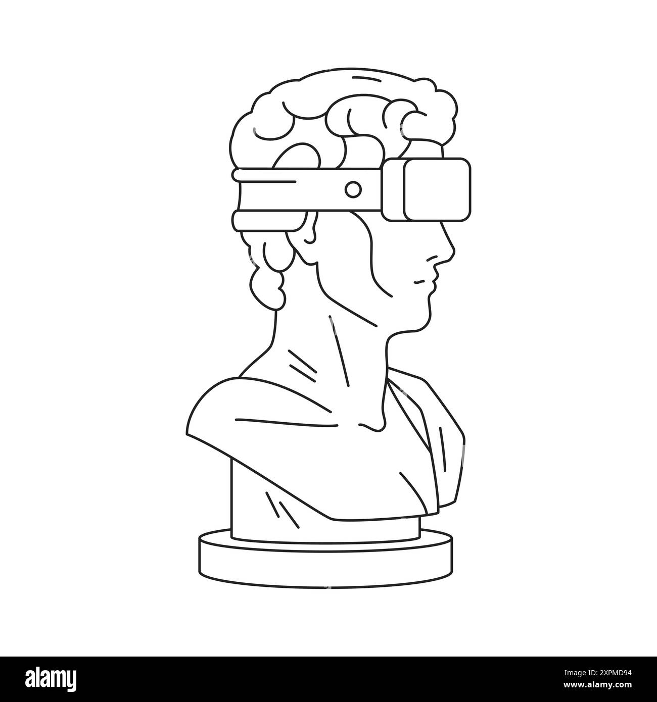 Y2K psychédélique Dieu grec buste dans VR Goggles contemporain pop art contour illustration vectorielle. Monument antique de gypse de tête d'homme romain en virtuel Illustration de Vecteur