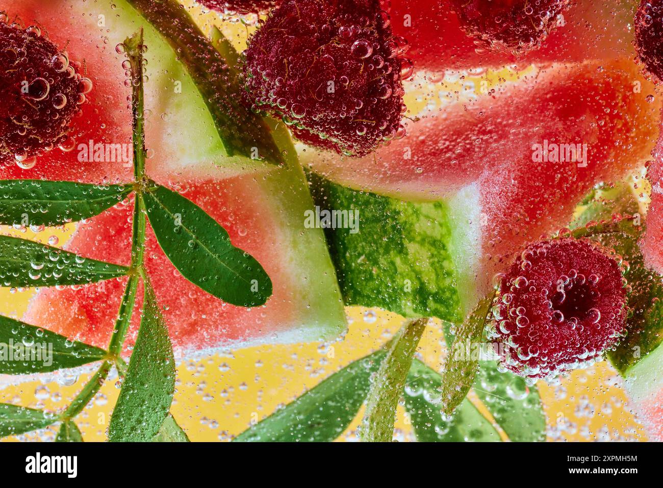 Pastèque fraîche et framboises aux feuilles vertes, immergées dans des bulles pétillantes. Gâterie estivale rafraîchissante. Banque D'Images