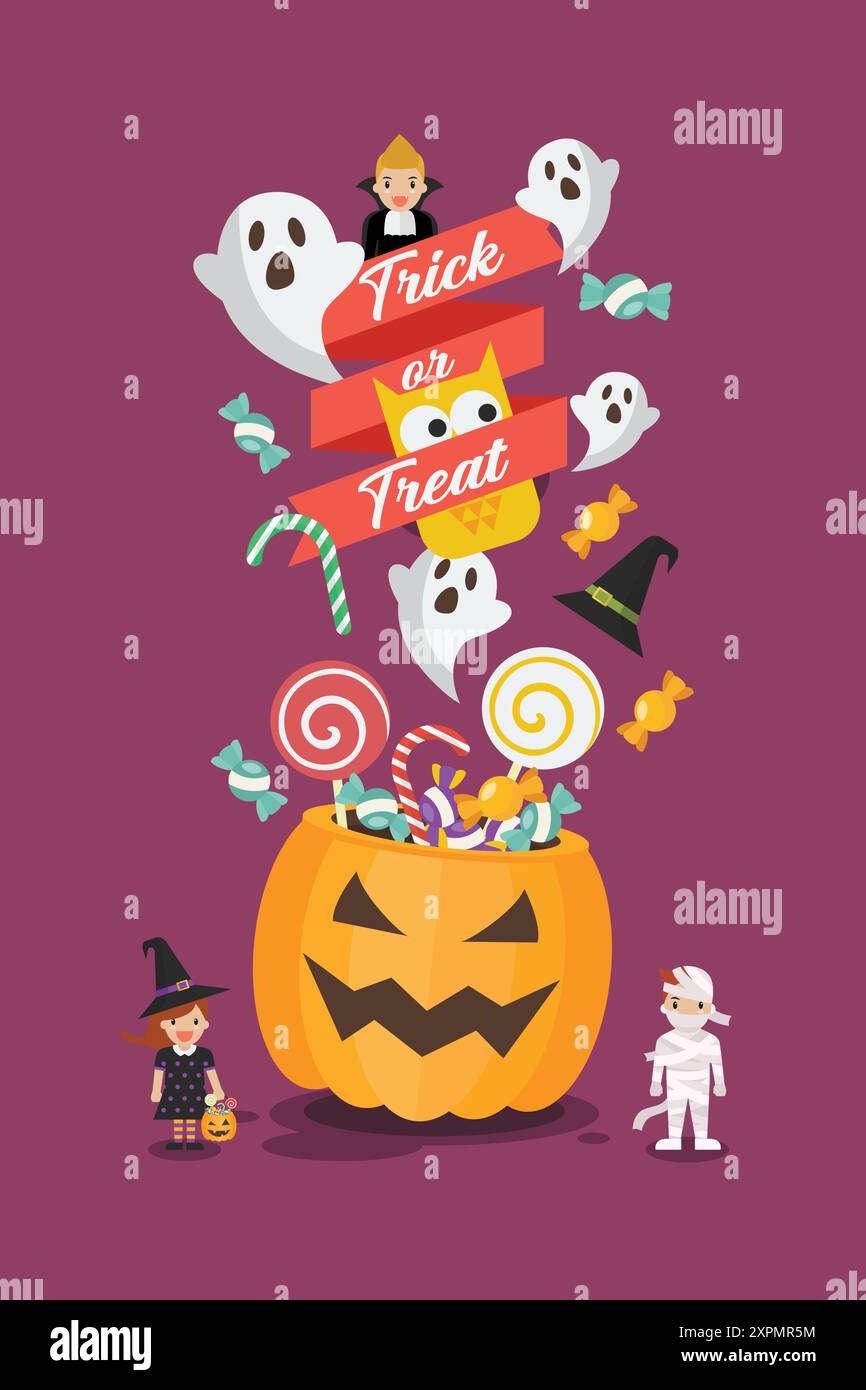 Trick or Treat Poster Halloween panier à citrouille avec de petits enfants. Illustration vectorielle de style plat. Illustration de Vecteur