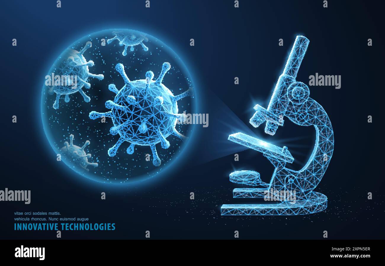 Virus. Microbe 3d abstrait dans un objectif zoom de microscope. Bactéries allergiques, soins médicaux, microbiologie, concept d'infection par le cancer en laboratoire Illustration de Vecteur