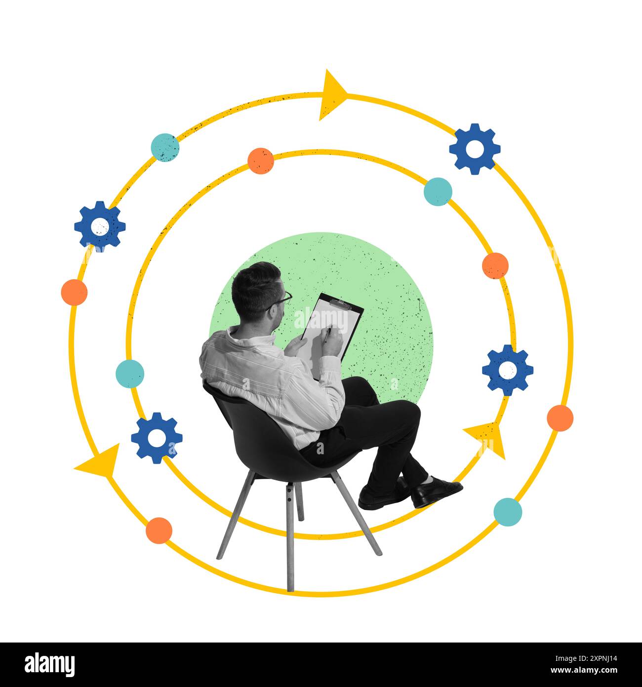 Employé, homme travaillant avec des documents. Coordonnées des étapes, efficacité et suivi, contrôle de gestion. Collage d'art contemporain. Banque D'Images