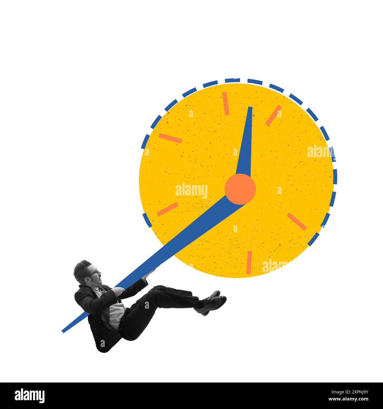 Homme interagissant avec l'horloge, symbolisant la gestion du temps, la planification et l'ordonnancement, l'efficacité et l'optimisation. Collage d'art contemporain. Banque D'Images