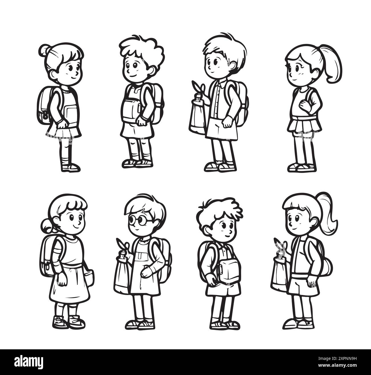 Retour à l'école ou premier jour à l'école concept. Enfants écoliers avec sacs à dos allant aux leçons. Illustration de la vue arrière de l'esquisse vectorielle dessinée à la main, i Illustration de Vecteur