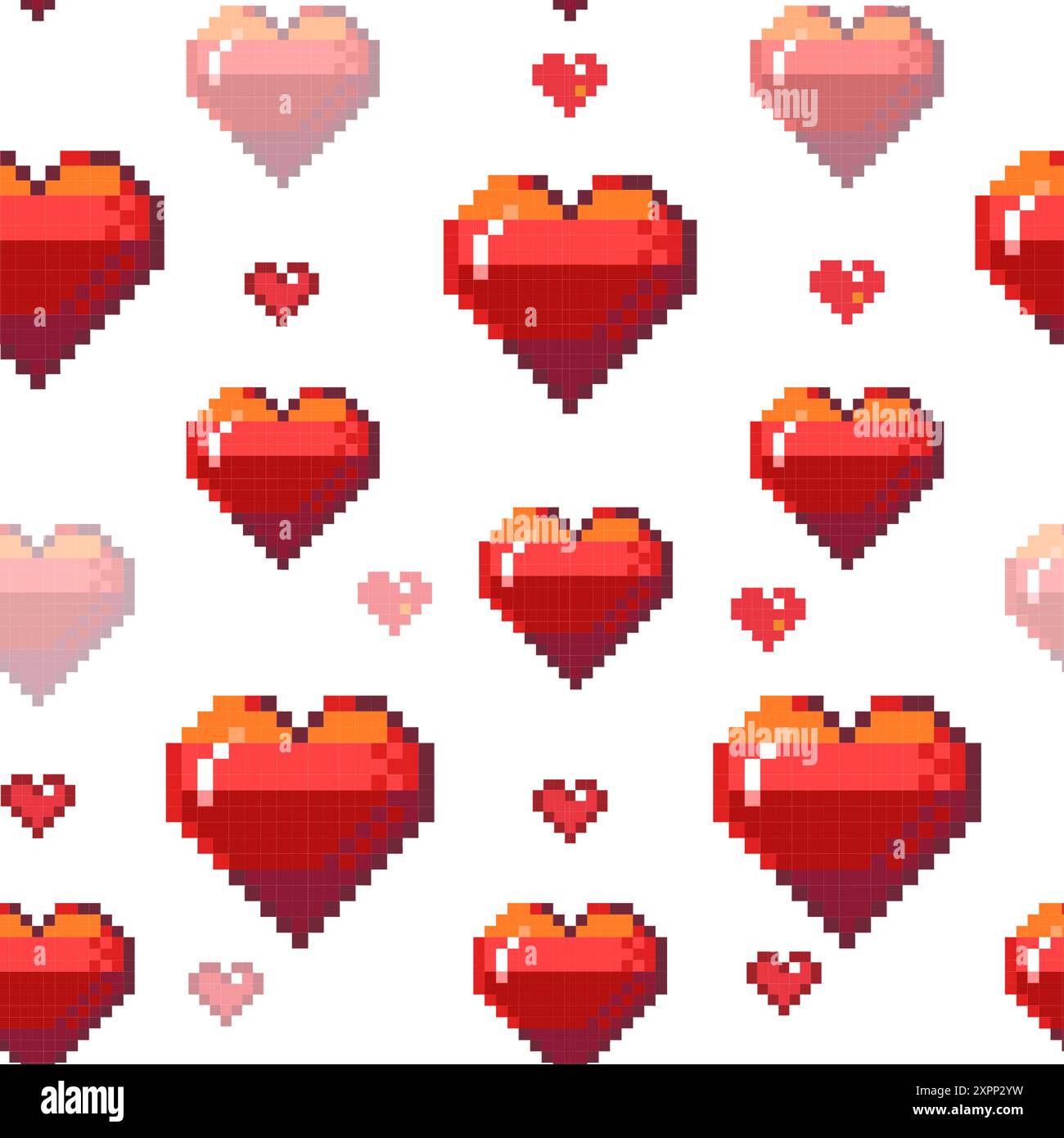 Motif coeurs en pixels. Impression sans couture de symboles de Saint-Valentin carrés rétro 8 bits, fond d'amour géométrique minimal pour papier peint en tissu. Vecteur mignon Illustration de Vecteur