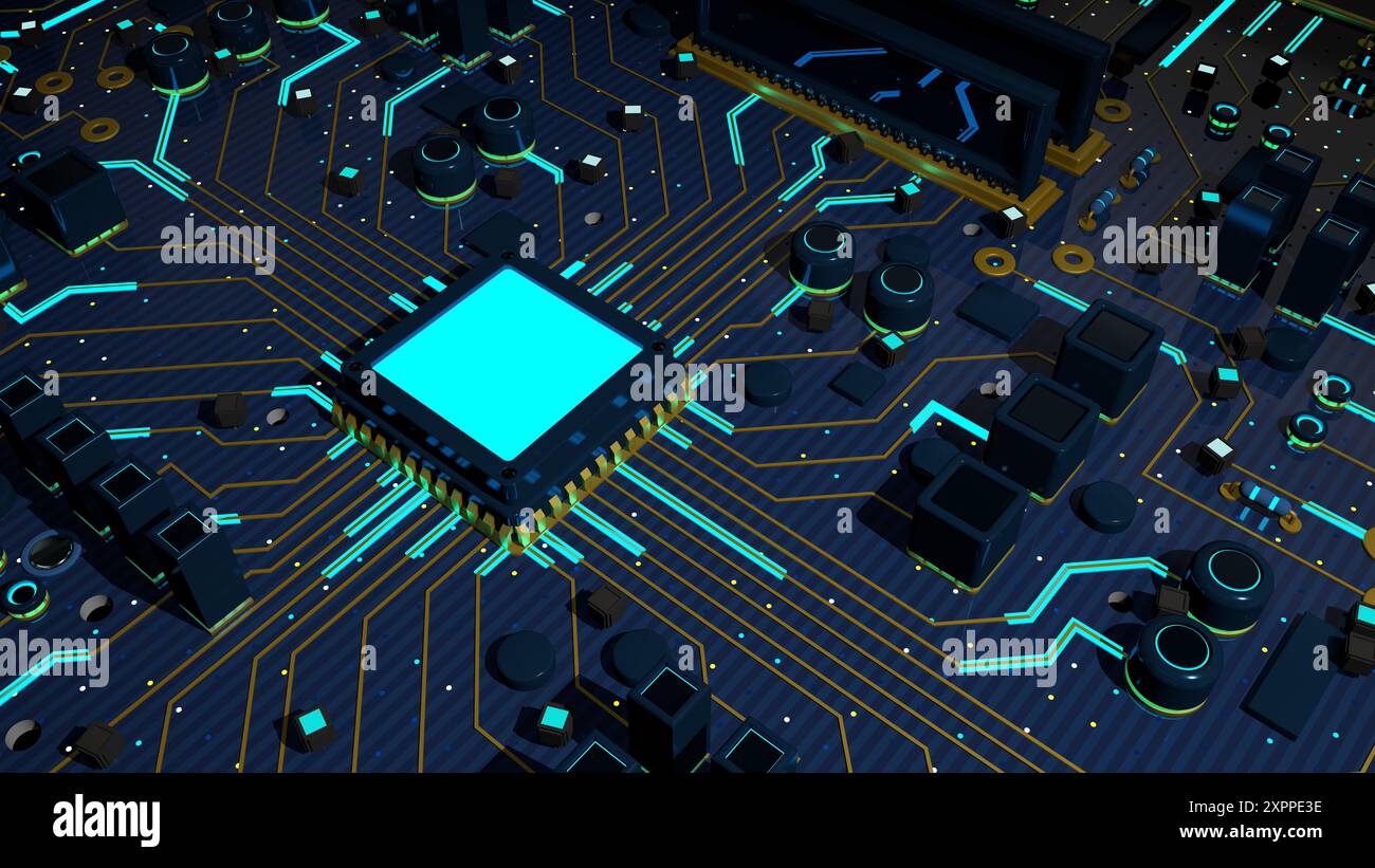 Vue rapprochée du fond complexe de la carte mère avec la puce au centre avec la lumière bleue entourée de circuits. Illustration 3D. Banque D'Images