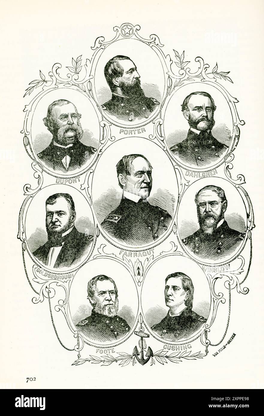 Les images montrées ici sont des portraits des principaux commandants de la marine pendant la guerre de Sécession. Ce sont, de gauche à droite, de haut en bas : porter, Dupont, Dahlgen, Farragut, Goldsborough, Winslow, Foote, Cushing. Banque D'Images