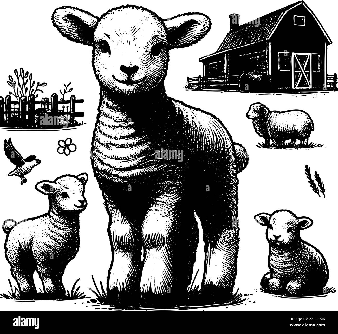 Dessin en noir et blanc d'une scène de ferme avec un mouton debout au premier plan. Le mouton est entouré d'autres moutons et d'un oiseau. La scène est paisible et sereine, car elle représente une scène rurale simple Illustration de Vecteur