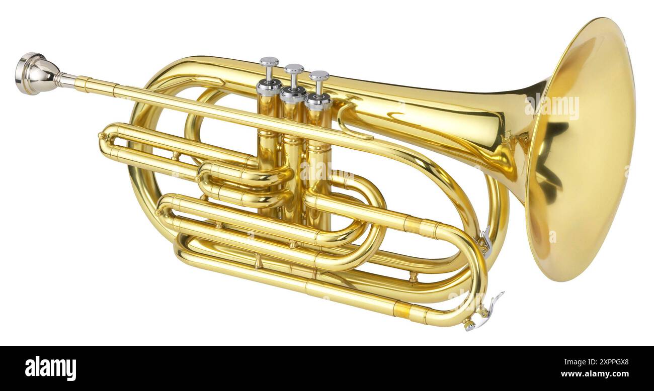 Instrument en laiton Golden Cornet isolé sur fond blanc Banque D'Images