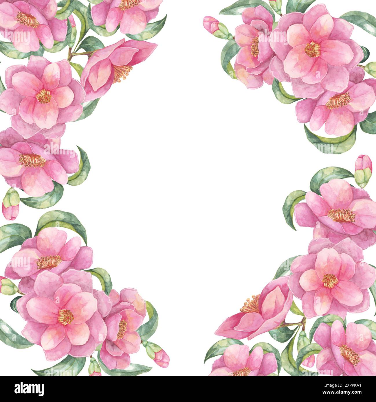 Clipart aquarelle rose camellia japonica représentant des fleurs en fleurs ornant les deux côtés d'un cadre carré. Design floral idéal pour les invitations de mariage, les cartes décoratives et les conceptions numériques Banque D'Images