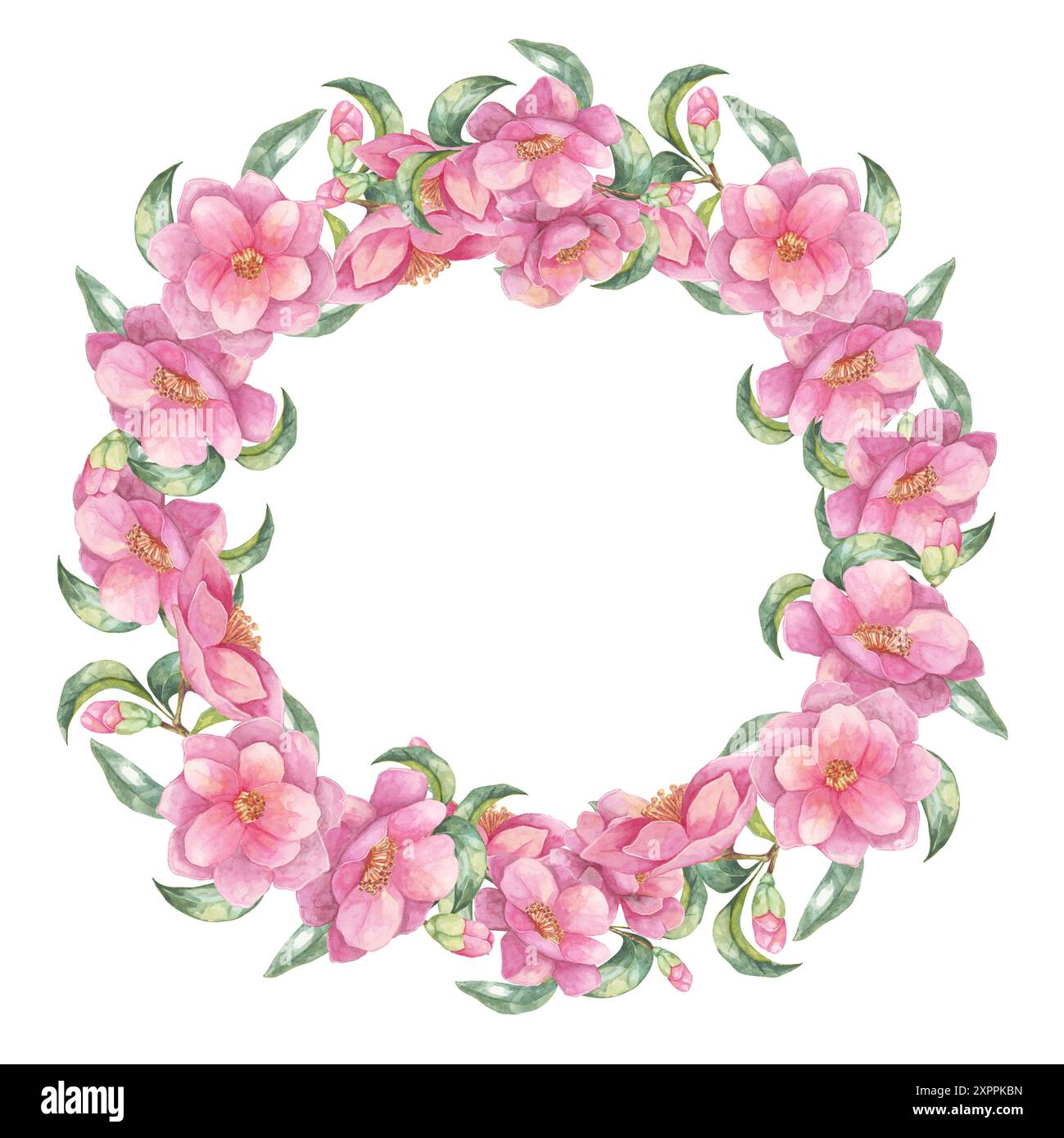 Clipart d'aquarelle rose camélia avec un arrangement circulaire de fleurs et de feuilles formant une couronne. Cadre rond pour étiquettes, cosmétiques, scrapbooking, décor saisonnier et cadeaux personnalisés Banque D'Images