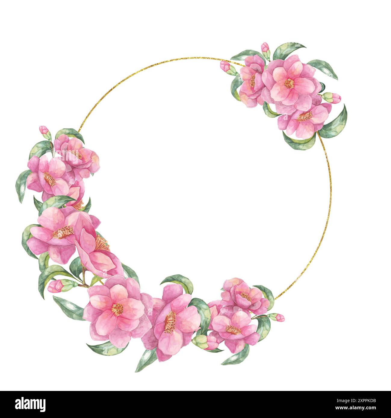 Clipart aquarelle Camellia japonica avec un cadre circulaire doré orné de fleurs roses et de feuilles vertes. Parfait pour la papeterie de mariage, les publications de médias sociaux et les designs élégants Banque D'Images