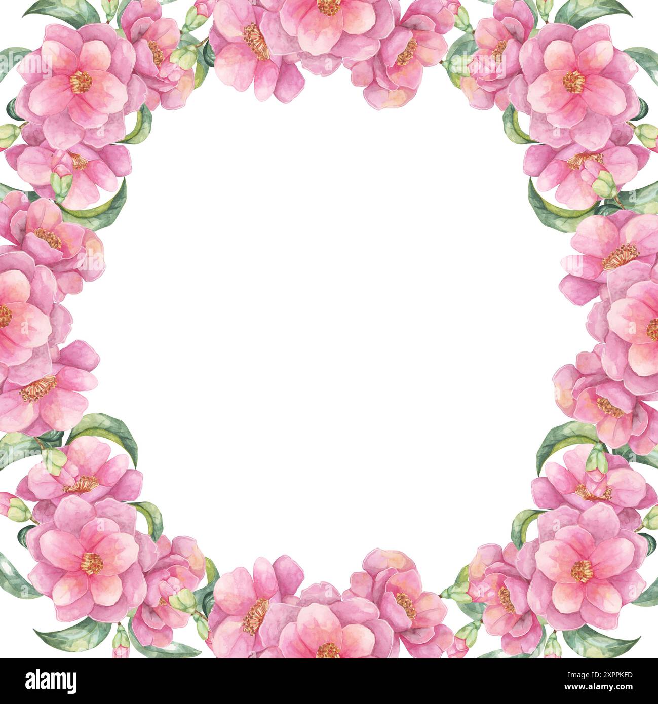 Clipart aquarelle rose camélia affichant un cadre floral ovale avec des fleurs luxuriantes. Illustration dessinée à la main adaptée à la conception d'invitations à des événements, papeterie personnalisée et art mural Banque D'Images