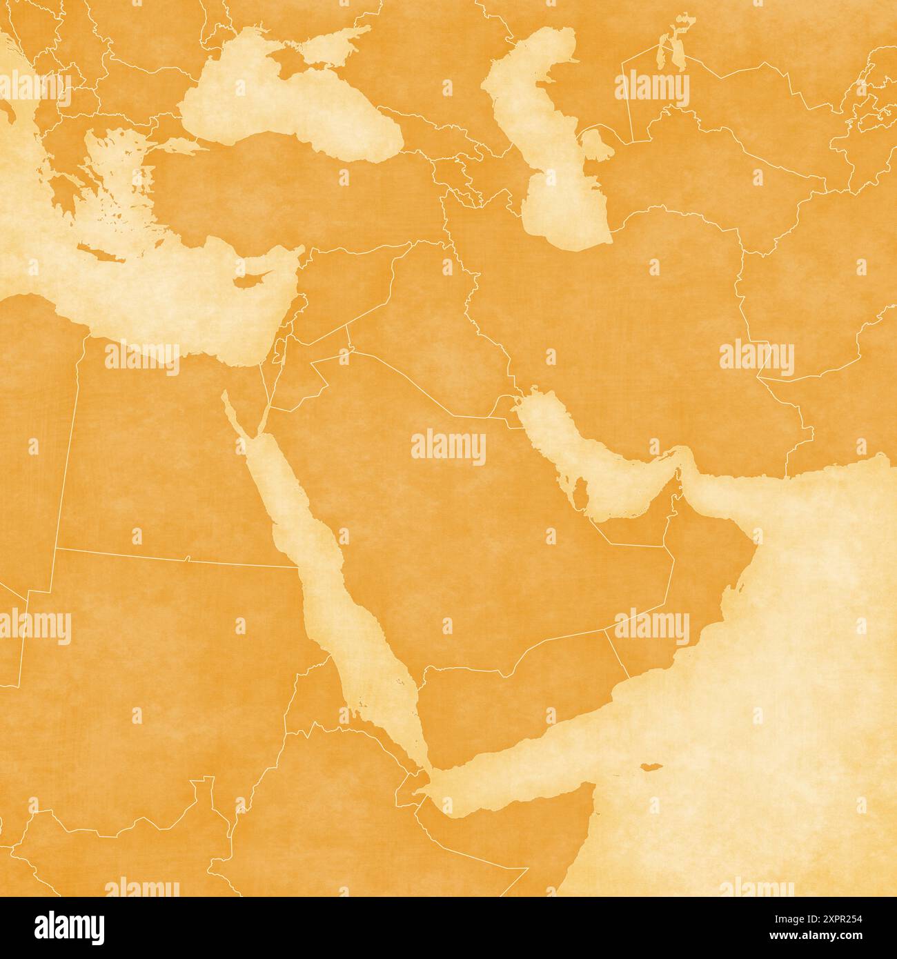 Carte rétro ocre vierge du moyen-Orient (Asie occidentale) sur vieux papier vintage. Banque D'Images