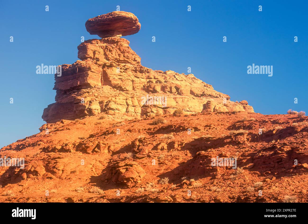 Sunlit Mexican Hat formation rocheuse équilibrée au lever du soleil sur les terres de la nation Navajo à Mexican Hat, Utah. (ÉTATS-UNIS) Banque D'Images