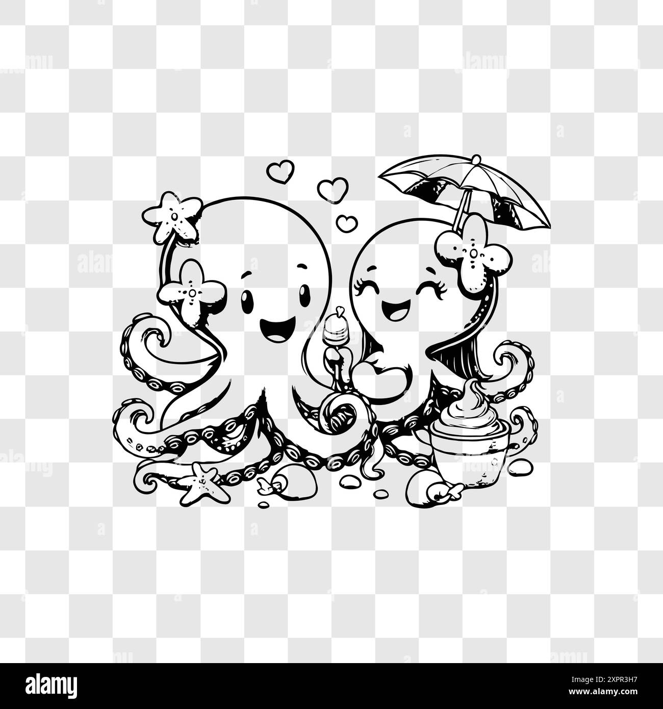 Couple de pieuvres mignons illustration vectorielle d'aquarelle marine pour les enfants fond transparent Illustration de Vecteur