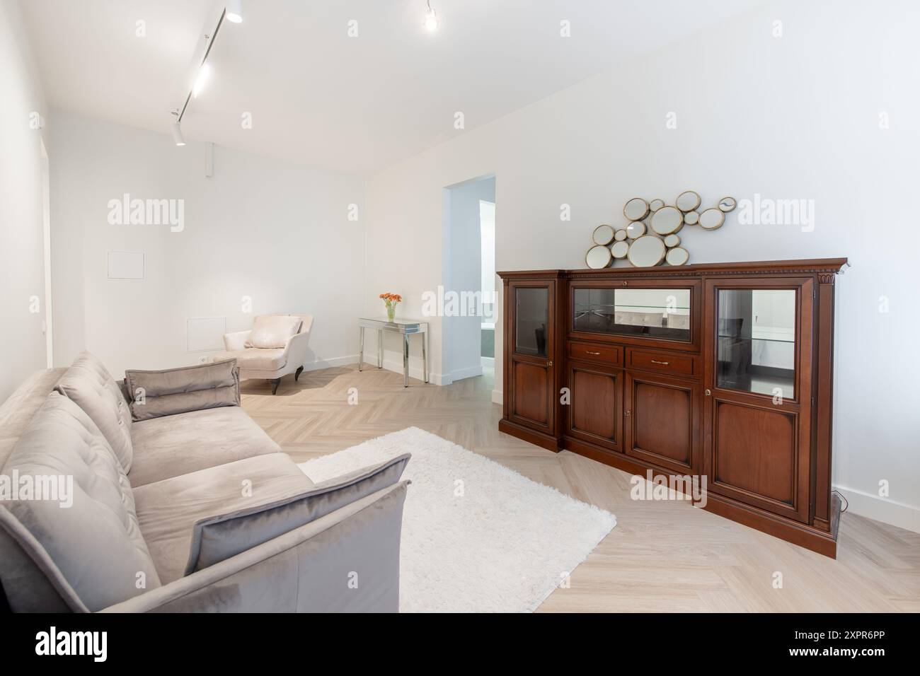 Intérieur du salon de la maison de style classique. Appartement moderne et élégant. Intérieur ouvert, canapé élégant, canapé, tapis blanc, commode en bois, commode Banque D'Images Intérieur du salon de la maison de style classique. Appartement moderne et élégant. Intérieur ouvert, canapé élégant, canapé, tapis blanc, commode en bois, commode Banque D'Images
