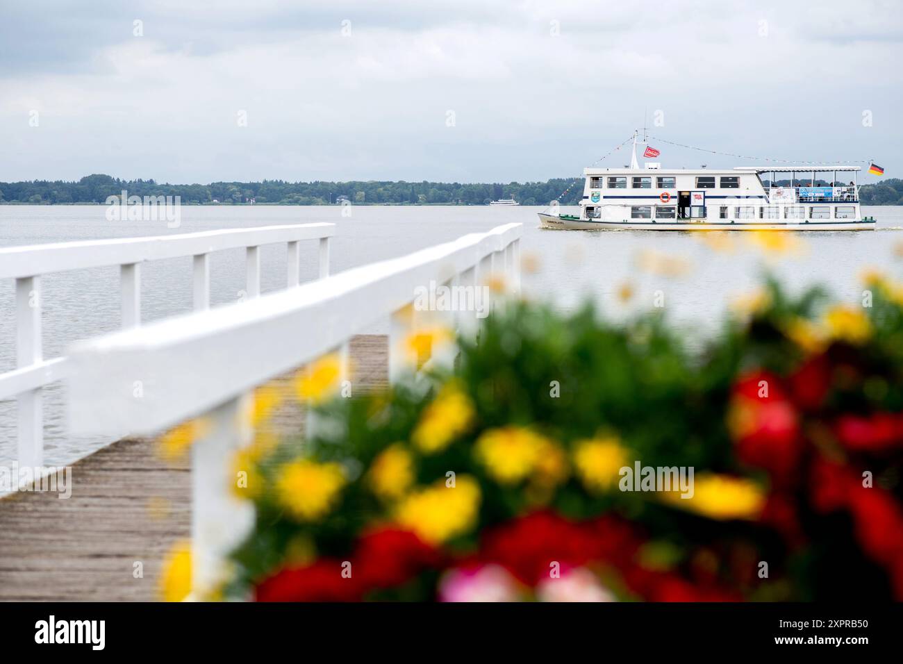 Bad Zwischenahn, Allemagne. 07 août 2024. Le bateau d'excursion 'Ammerland' est en cours sur le Zwischenahner Meer par temps nuageux. La compagnie maritime Herbert Ekkenga AG exploite une flotte de navires à passagers sur la Zwischenahner Meer depuis 1987. Crédit : Hauke-Christian Dittrich/dpa/Alamy Live News Banque D'Images