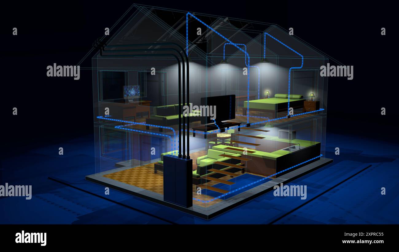 Vue de nuit de la maison de deux étages avec des murs transparents et des lumières sur montrant le fonctionnement du système électrique de panneau solaire sur fond noir. 3D ill Banque D'Images