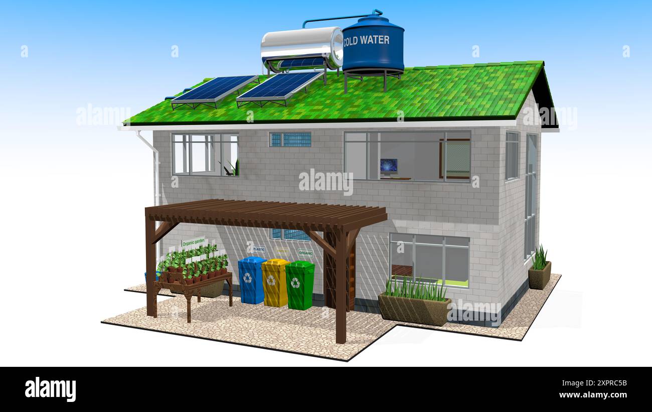 Maison écologique avec installation de panneaux solaires, système d'eau chaude et toit vert, jardin durable et bacs de recyclage contre le backgrou blanc Banque D'Images