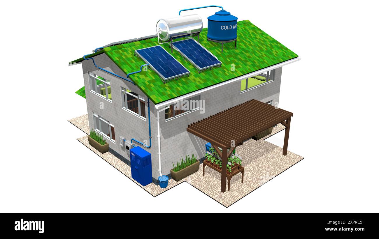 Maison écologique avec installation de panneaux solaires, système d'eau chaude et toit vert, jardin durable et bacs de recyclage contre le backgrou blanc Banque D'Images