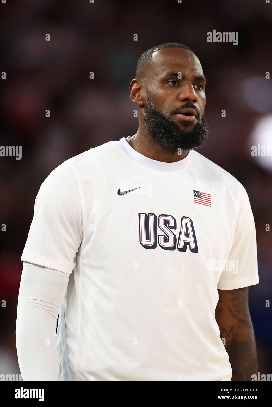 Paris, France. 07 août 2024. Julien Mattia/le Pictorium - Basketball 5x5 - 1/4 finales - USA-Brésil - Paris 2024 - 07/08/2024 - France/Seine Saint Denis/Paris - Lebron James (USA) lors des quarts de finale des épreuves 5x5 des Jeux Olympiques de Paris entre les USA et le Brésil, à la Bercy Arena, le 6 juillet, 2024. Crédit : LE PICTORIUM/Alamy Live News Banque D'Images