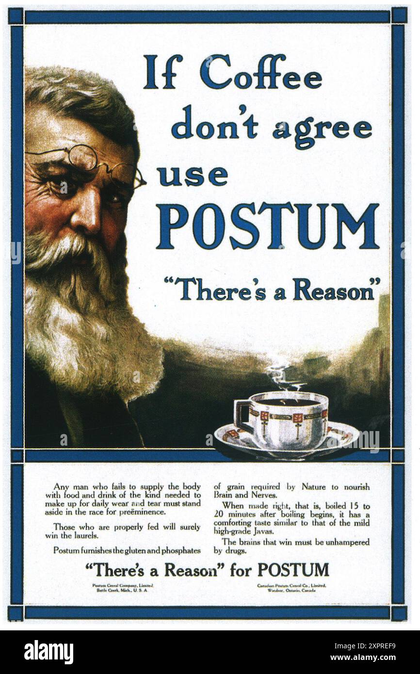 1912 substitut de café Post Cereal Postum ad instantané Banque D'Images