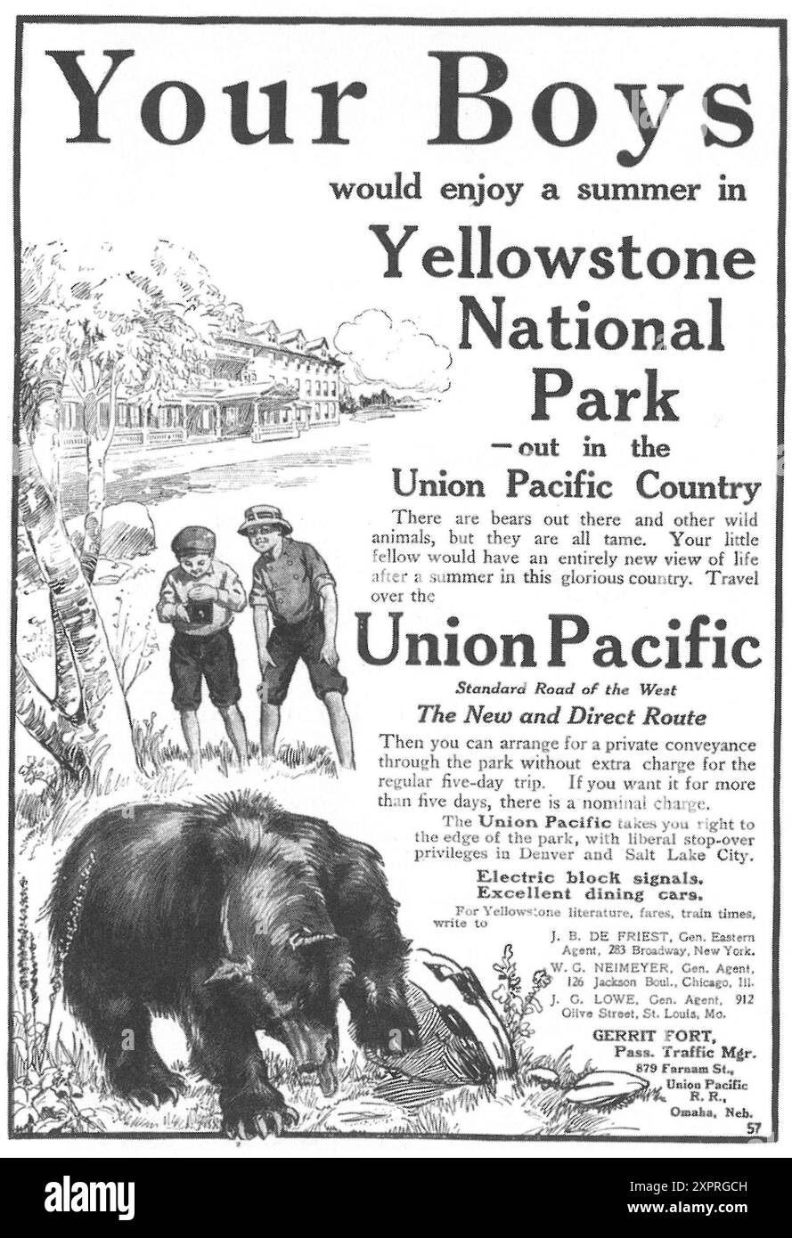Annonce 1911 Union Pacific Railway - « vos garçons apprécieront l'été au parc de Yellowstone » Banque D'Images