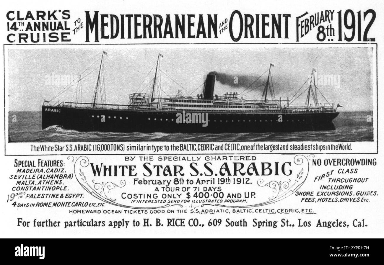 1912 Clark's Cruise Line ad - White Star S.S. Arabic ship - croisière annuelle Méditerranée Orient Banque D'Images