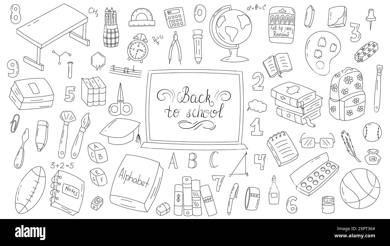 Collection d'éléments vectoriels de l'école. Collection de doodle vectoriel d'éléments d'école mignons pour enfants. Crayon, livres, sac, globe, papeterie, manuels scolaires et Illustration de Vecteur