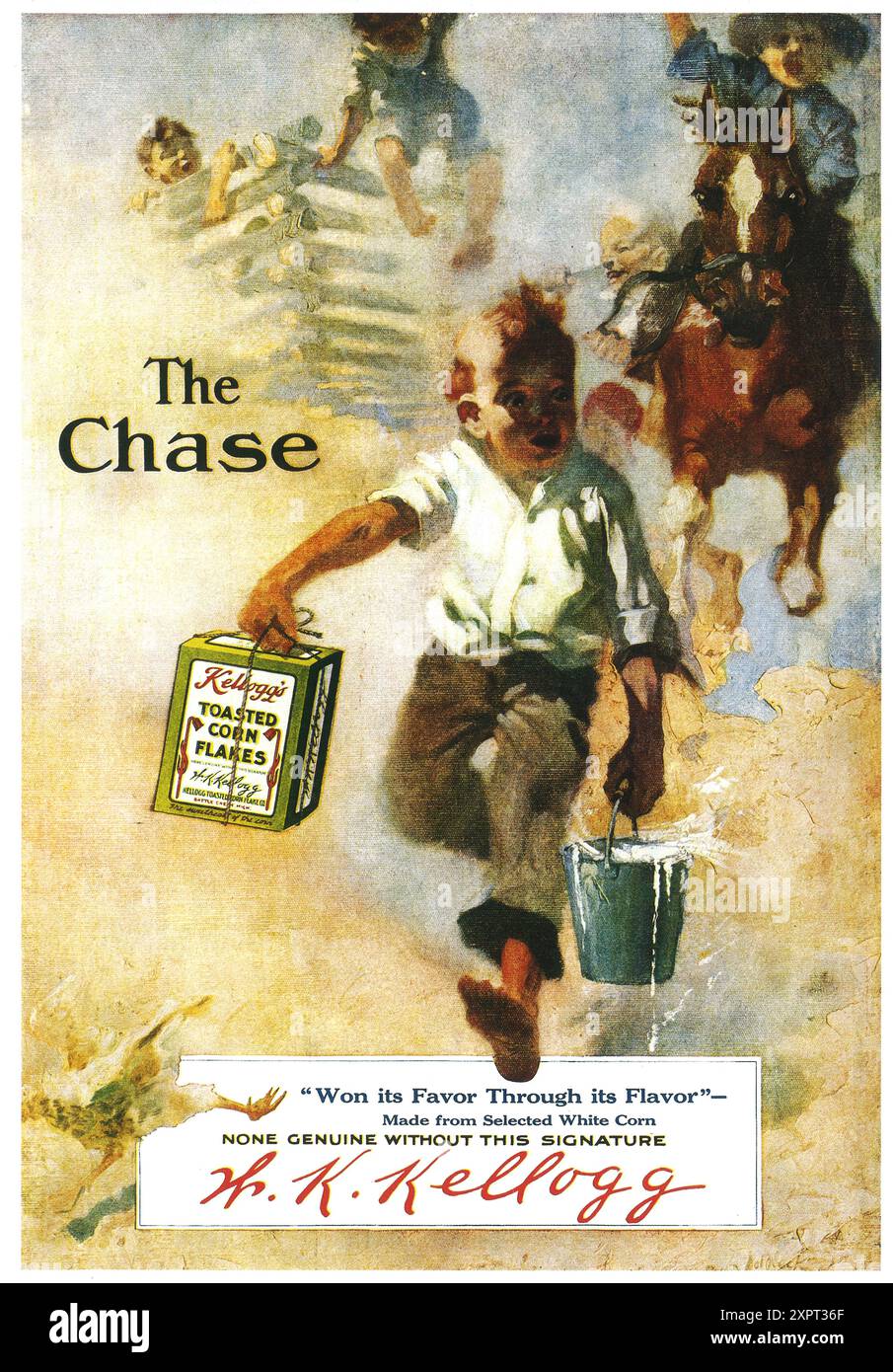 1911 Kellog's Toasted Corn Flakes ad - 'The Cahse' - ''a gagné ses faveurs par sa saveur' Banque D'Images