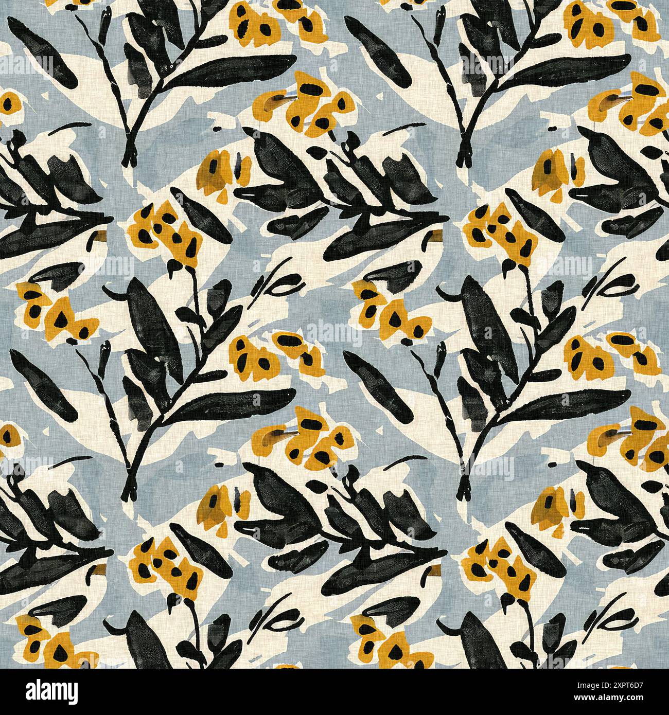 Motif imprimé fleuri sauvage moderne en tissu imprimé avec textures de tissu en lin. Fleurs sombres boho dessinées à la main stylisées pour les éléments de design décoratifs Banque D'Images
